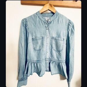 FRAME ROWAN PALE BLUE DENIM PEPLUM  FRILL HEM LONG SLEEVED TOP SIZE S